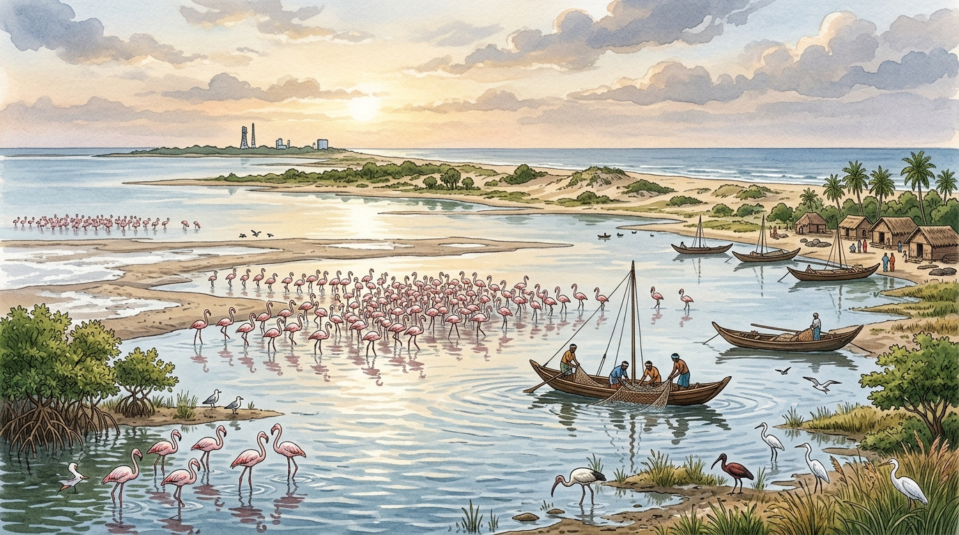 Illustrative landscape of Pulicat Lake lagoon with flamingos and Sriharikota barrier island