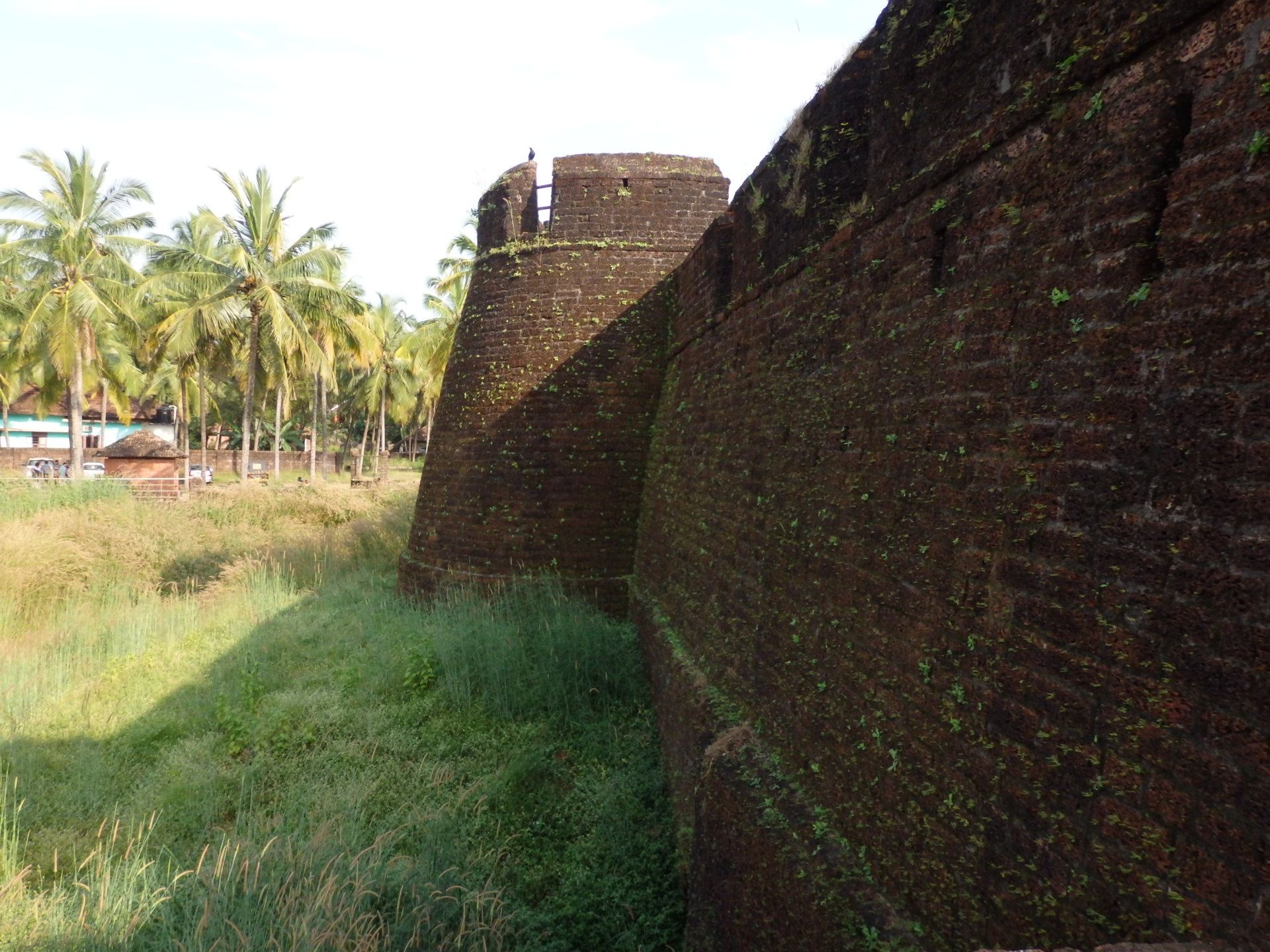 Monumental red laterite ramparts and sea observation bastions of Bekal Fort overlooking the Arabian Sea in Kasaragod, Kerala