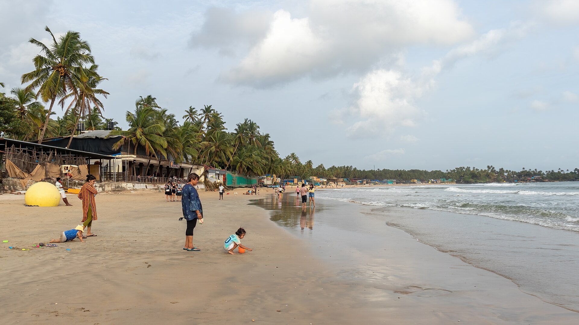 Panoramic view of Palolem Beach crescent bay in South Goa showing calm blue waters, palm tree forest, and granite headlands