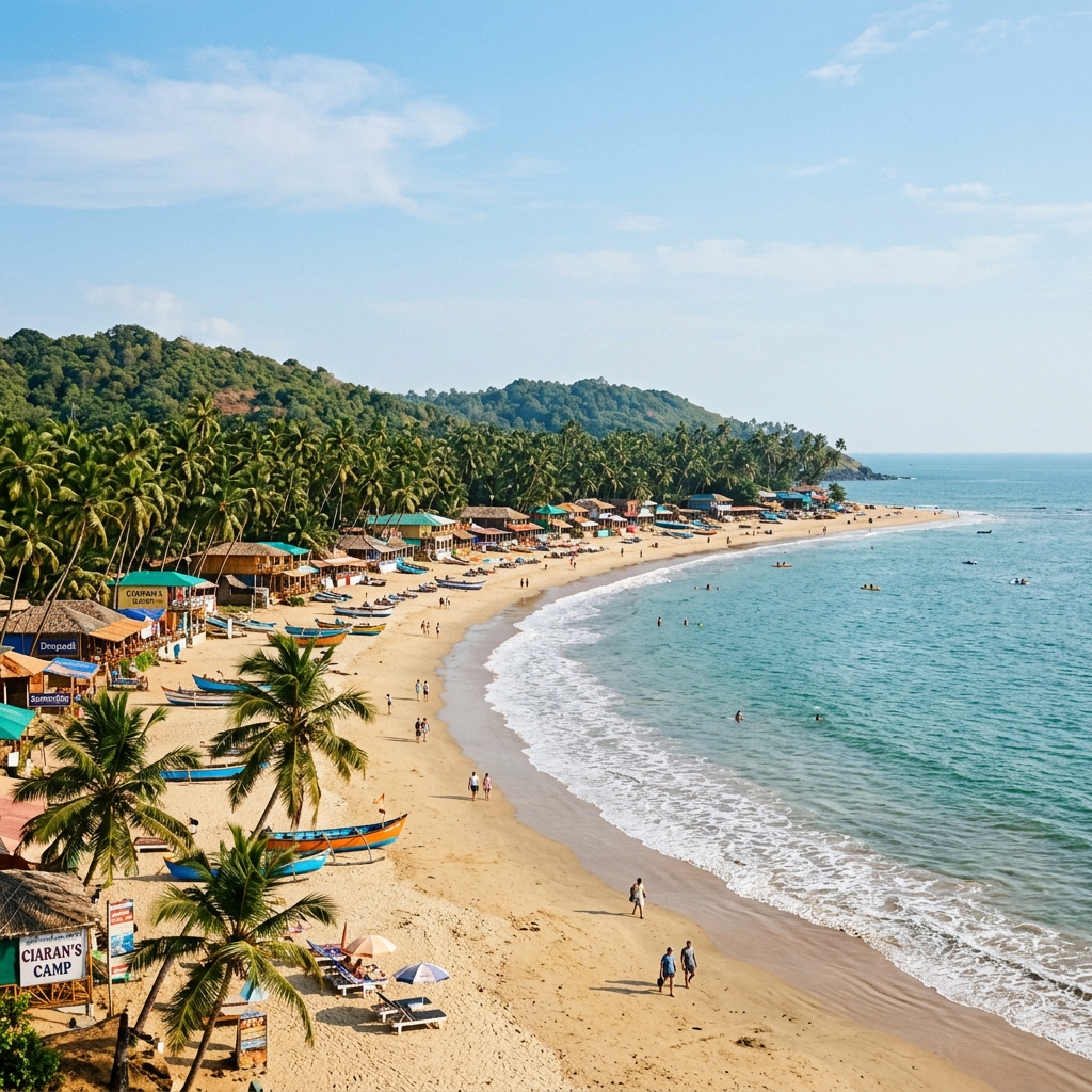 Crescent shaped sandy shoreline of Palolem Beach in South Goa surrounded by coconut palms