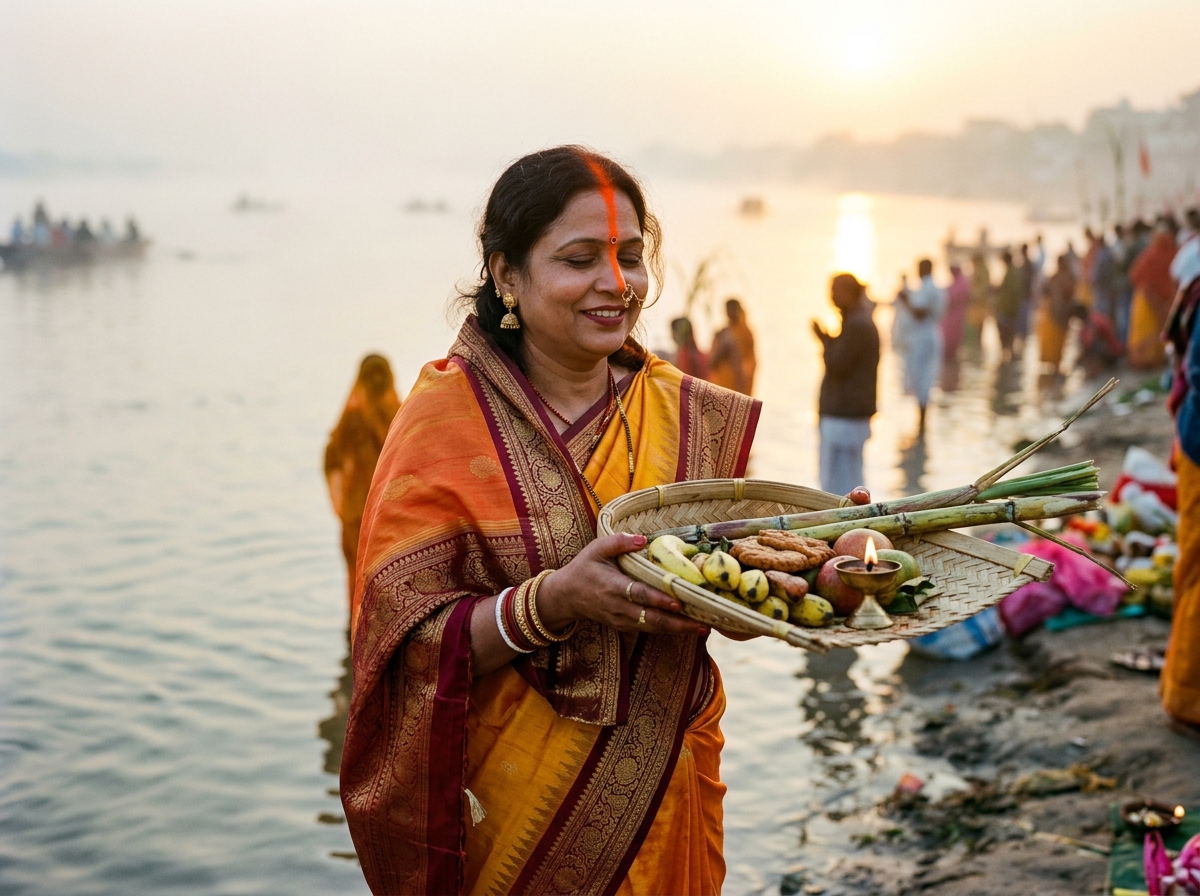 Bihari Woman wearing traditional Bhagalpuri Tussar Silk Saree holding Chhath Soop