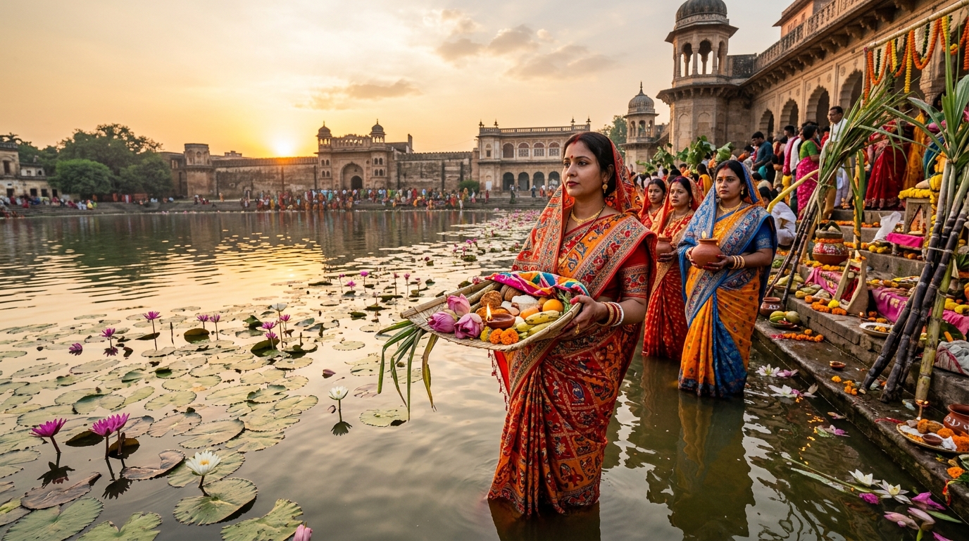Darbhanga Mithila Chhath Puja Royal Lotus Pond Arghya