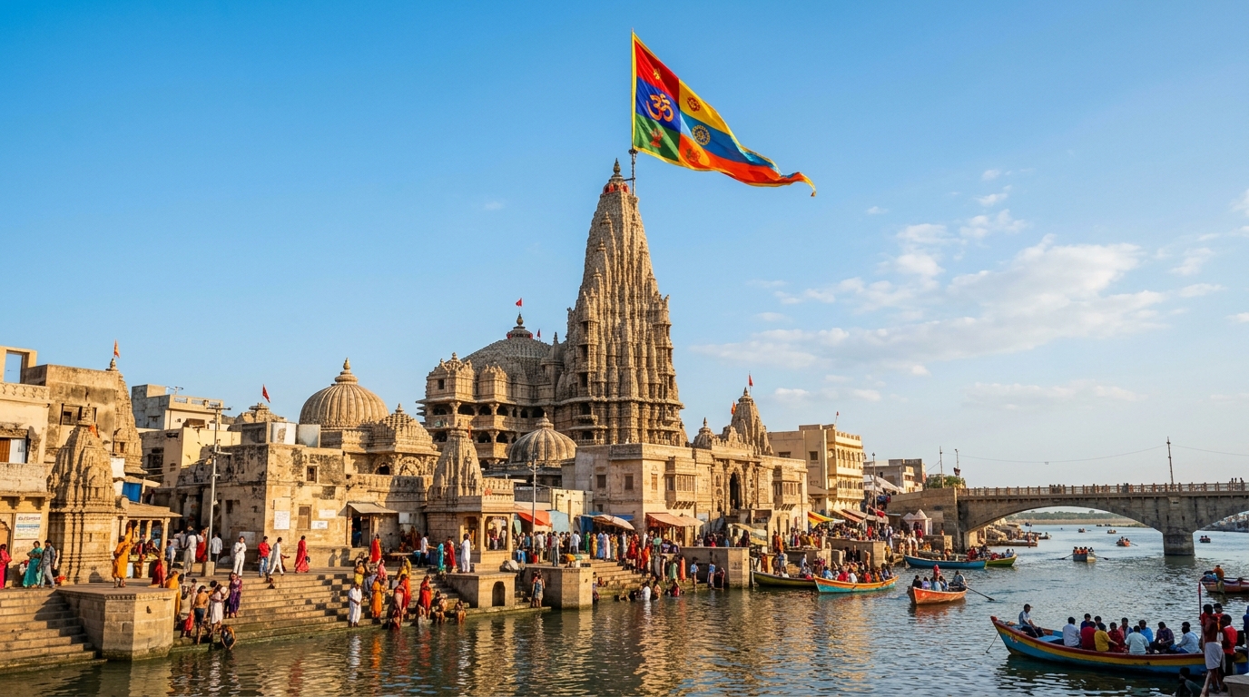Dwarkadhish Temple Jagat Mandir with 52 Yard Flag Flying