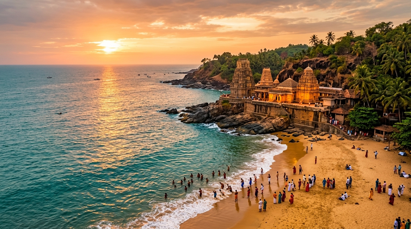 Aerial view of Om Beach in Gokarna Karnataka naturally shaped like the sacred Om symbol