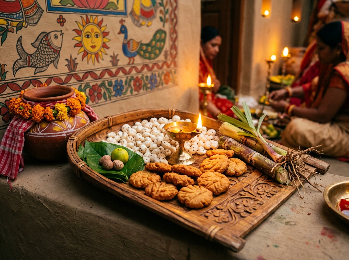 Authentic Mithila Chhath Offering with Fresh Makhana and Betel Leaves