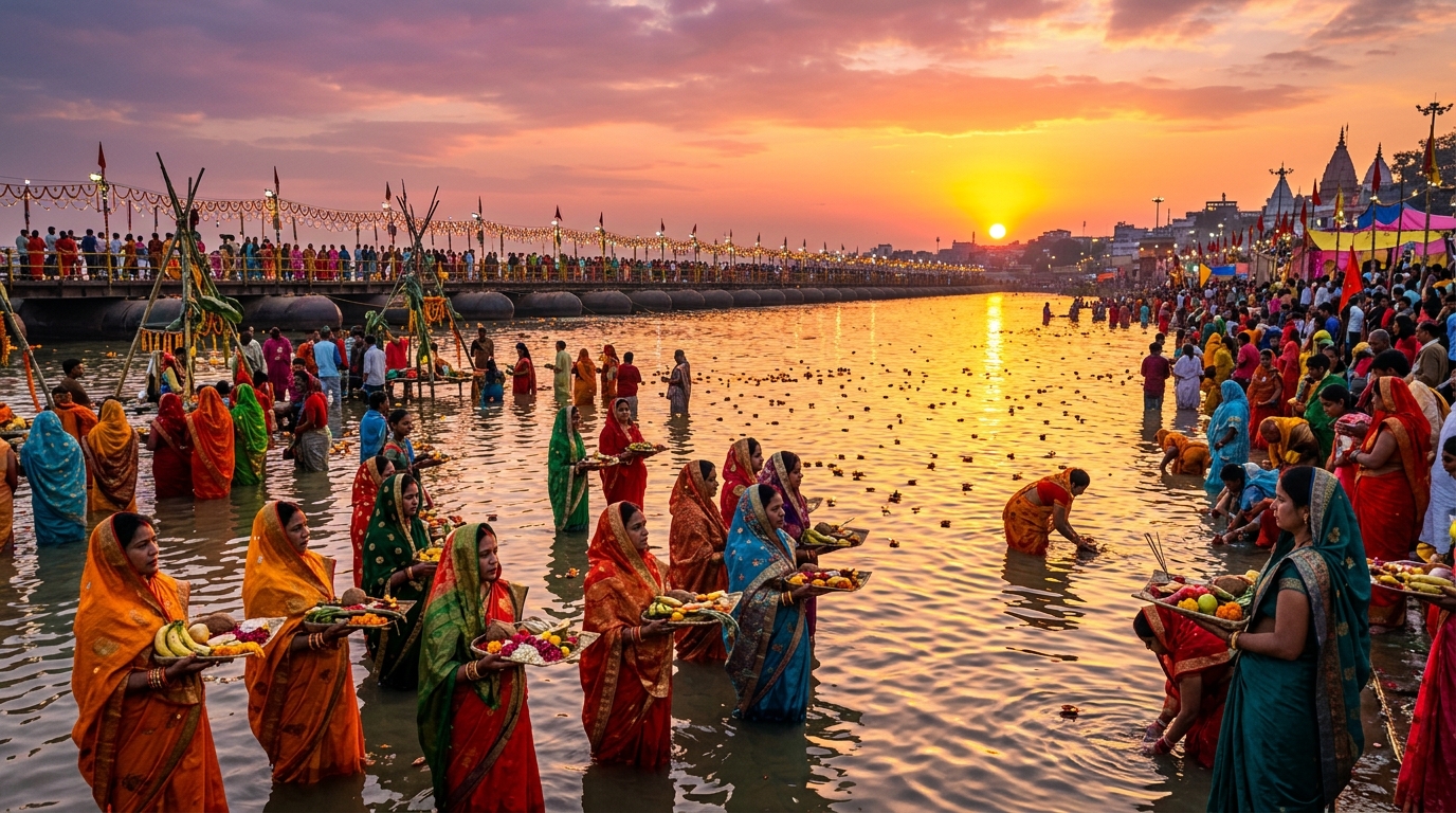 Delhi Yamuna Ghat Chhath Puja Sunset Sandhya Arghya