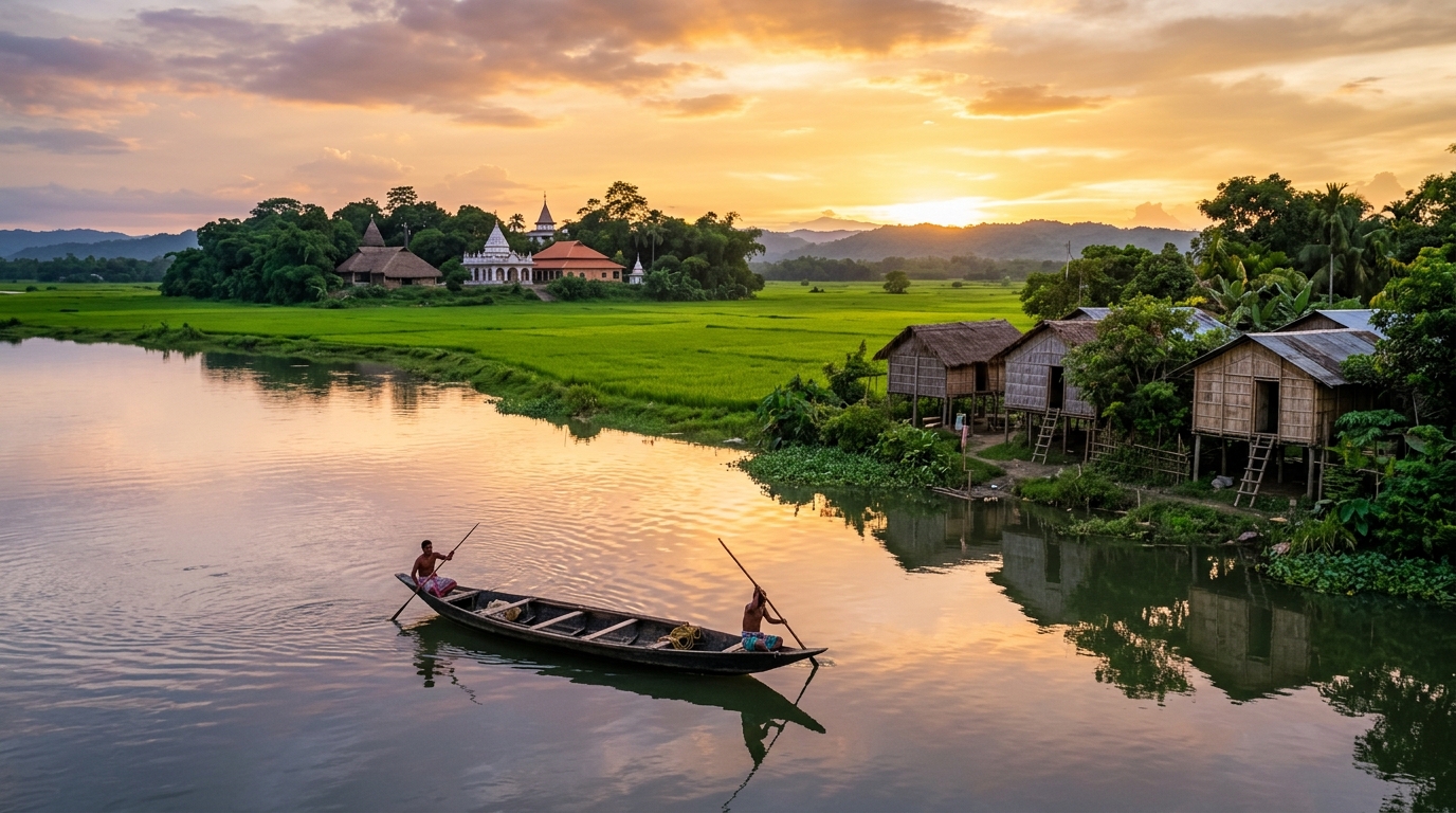 Majuli River Island Brahmaputra Assam — Sunset over wooden boat on quiet Brahmaputra waters with bamboo stilt houses and Vaishnavite Satra monasteries