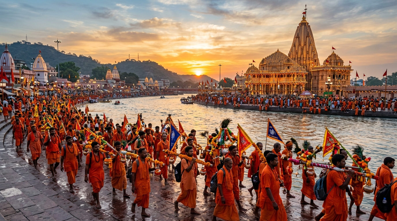 Srawan Kanwar Yatra Pilgrimage — Sea of saffron-clad Kanwarias carrying decorated Ganges water poles walking at sunrise to offer Jalabhisheka to Lord Shiva